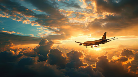 Photo of a passenger liner flying into the clouds, the silhouette of which is highlighted by the g.の素材