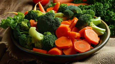 Photogenic supply of mixed vegetables in a bowl fresh carrots, broccoli and sweet pepper.の素材
