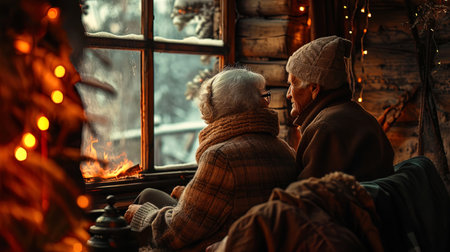 Relaxation on cold days elderly lovers, sitting by the fireplace, create a cozy corner and enjoy e.の素材