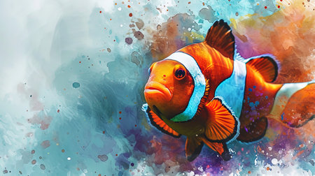Portrait of watercolor clown fish, with bright colors and a fun expression.の素材