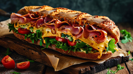 Photos of a real Gournet GrillSandwich thick pieces of bread, meat with slices and melted cheese,.の素材