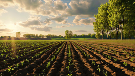 Spring freshness a farmer field in a spring outfit, with the first seedlings and green spots, pers.の素材