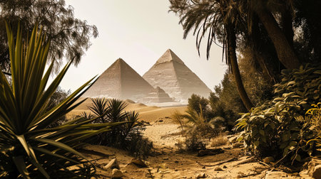 Pyramids framed by thick green forest, creating a contrast with deserted surroundings.の素材