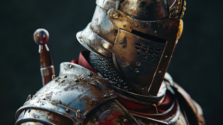 Portrait of an ancient knight, in armor with a coat of arms, expressing pride and resistance.の素材
