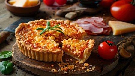 Temptation in the form of a photo of sweet cheeky pie with gratified cheese and appetizing slices of.の素材