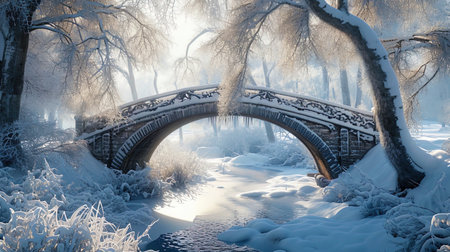 The arch of the winter bridge, covered with hoarfrost and snow, creating an atmosphere of a fabulo.の素材