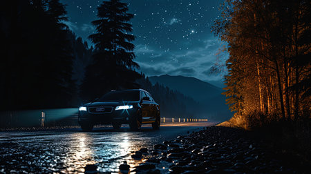 The car on the night highway framed by the light of headlights and surrounded by dark contours of.の素材