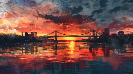 Sunset over the city bridge in watercolor shades, creating pastel and warm nature of the night lan.の素材