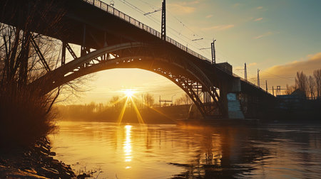 The arch of the bridge at the height of the golden sunset, illuminated by the last rays of the Sun.の素材