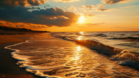 The beach in golden shades of sunset, where the sun smoothly disappears beyond the horizon, leavin.の素材