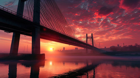 The bridge in the dawn rays: the morning sun stains the sky in shades of pink and orange, highlight.の素材