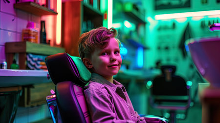 The children's image in the neon shades of the barbershop, where green and purple backlights give.の素材