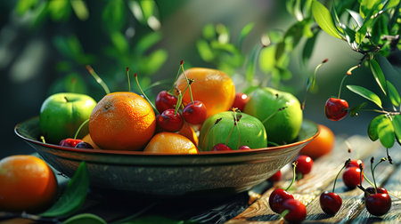 Summer mood in the photo bright green apples, oranges and sweet cherries in a cozy bowl.の素材