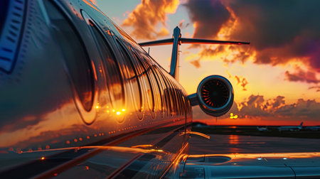 The blinking lights of a commercial aircraft against the background of luxurious sunset reflected.の素材