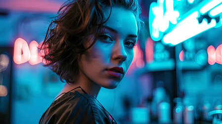 Portrait of a young lady with a classic haircut in a bright blue neon barbershop.の素材