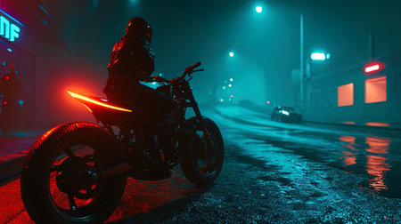 The bewitching appearance of a person on a neon bike, rapidly piercing nightly spaces, like lighti.の素材