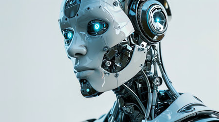 The charming face of the robot with artificial features, emphasized by characteristic glossy casti.の素材