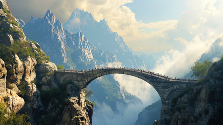 The bridge over the mountain gorge, drowning in the clouds, providing an exciting view of the maje.の素材