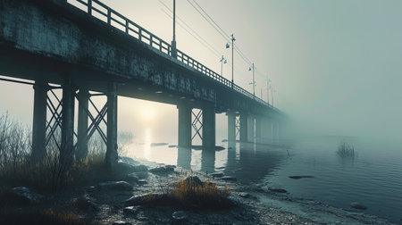 The bridge over the foggy channel, which forms a mystical landscape with a long point lost in the.の素材