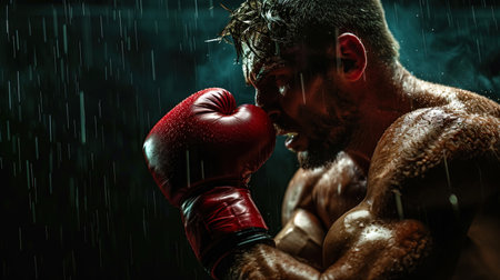 The boxer at the time of the blow, with force and accuracy directing his energy to the struggle.の素材