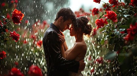 The couple, standing in the rain of petalia roses, looking at each other with love, creating a uni.の素材