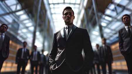 The leader of the team A businessman who demonstrates the leadership qualities in the center of th.の素材