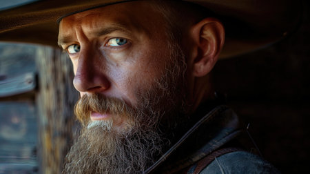 The gentleman in a cavalry hat, with a magnificent beard, radiates persistent determination and se.の素材