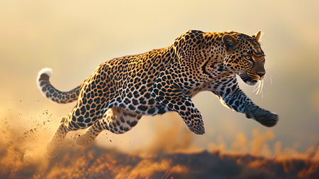 The image of a leopard in flight, after a jump, creates a picture of lightness and energy in the w.の素材