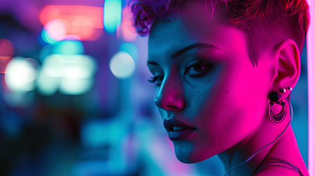 The female image in neon colors, with a beautifully emphasized haircut against the background of a.の素材