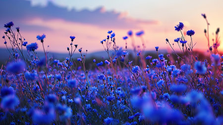 The field of blue stars created by blue cornflowers, like an evening sky on earth.の素材