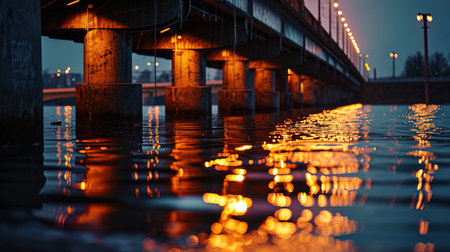 The evening reflection of the bridge in the surface of the water, creating an atmosphere of myster.の素材