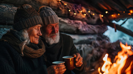 The evening is together an older man and a woman who enjoy the heat of the fireplace and a cup of.の素材
