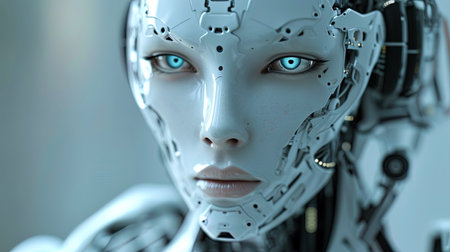 The face of the robot with a thin texture and sophisticated lines, like an architectural creation.の素材