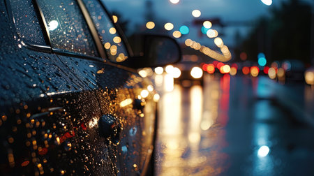 The moment of the night trip on the freeway, where the car is covered with a brilliance of rain dr.の素材