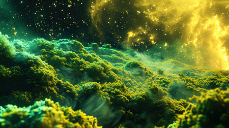 The field of cosmic cosmes, like a magic carpet made of green and yellow shades.の素材