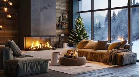 The fireplace corner in the living room with a fireplace and comfortable seats.の素材