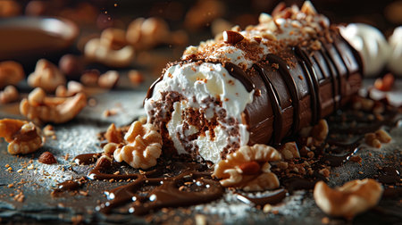 The irresistible beauty of unhealthy food a thick roll with ice cream, nuts and whipped cream.の素材