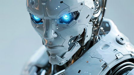 The futuristic face of the robot with a bluish glow of the eyes and sophisticated sensor sensors.の素材