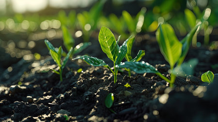 The growth process of the field of the field with young plants growing into a single organism transfe.の素材