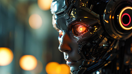 The face of the robot with expressive LED eyes, emphasizing the technological aesthetics of the ar.の素材