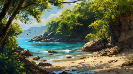 The image of a cozy bay, surrounded by bright greenery of trees and warm sandy shores, invites to.の素材