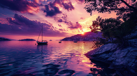 The image of the bay in the light of the evening sunset, with creating purplepink shades of the sk.の素材