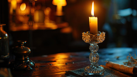 The old candle in a crystal candlestick, flickering with light, creates a magical atmosphere in th.の素材