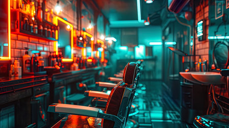 The male appearance in the neon shades of the barbershop, where orange light emphasizes the clarit.の素材