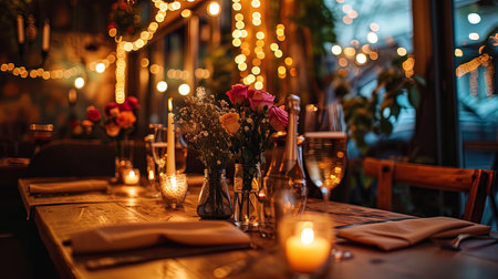 The table in a cozy restaurant, decorated with fresh flowers and candles, with champagne glasses f.の素材