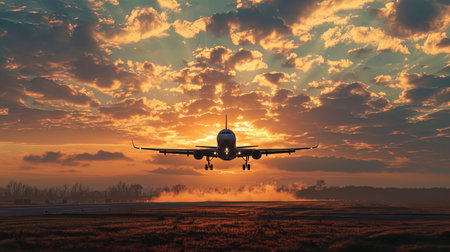The moment of take off in the dawn rays the plane rising to heaven is shrouded in the radiance of.の素材