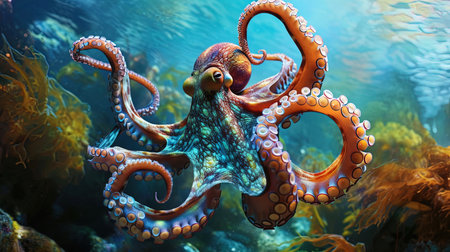 The octopus, like a living rainbow, soars over the bottom of the ocean, reviving the underwater wo.の素材