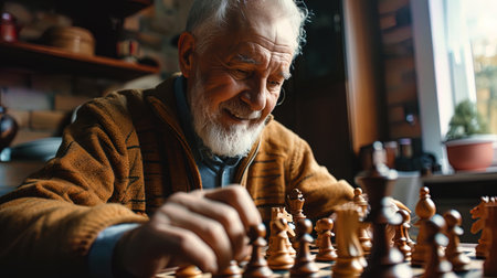 The senior gentleman is happy to play chess on the tablet, competing with a virtual opponent.の素材