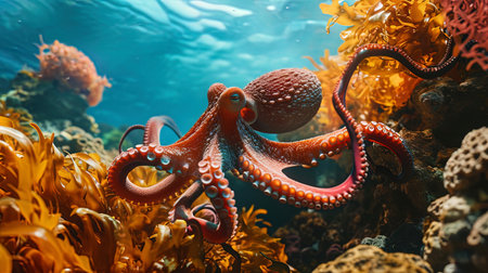 The octopus is gracefully floating at the bottom of the ocean, framed by bright corals, like an ar.の素材