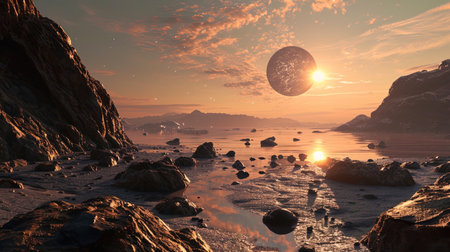 The smooth surfaces of this planet reflect unusual forms of light, creating an impressive mosaic a.の素材